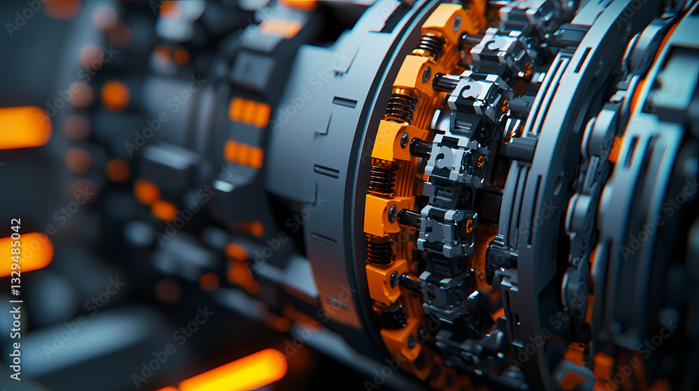 Fototapeta premium A close-up view of a futuristic machine component featuring intricate details and vibrant orange accents against a dark background.