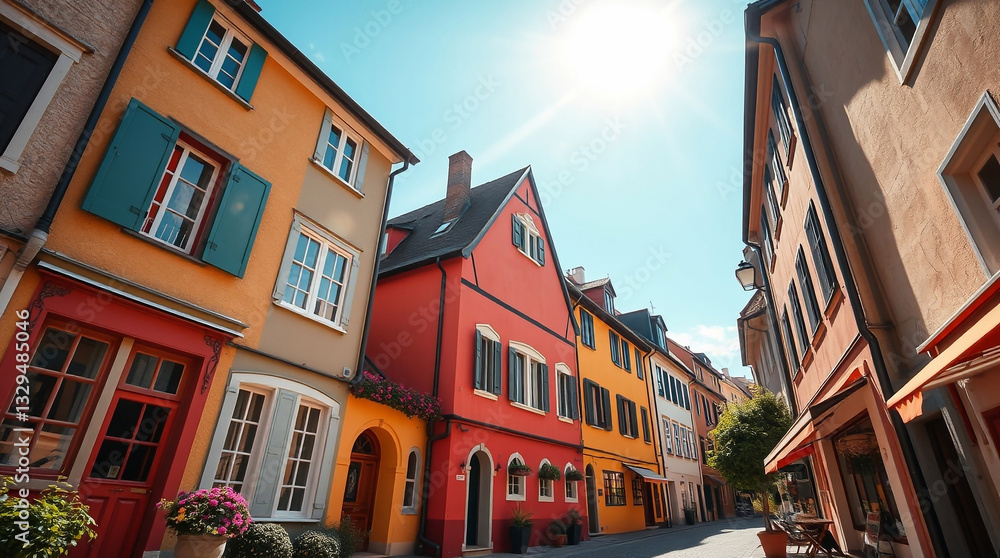 A low-angle perspective photo of a cute cozy European town on a sunny morning, showcasing bright vibrant colors, gentle soft light