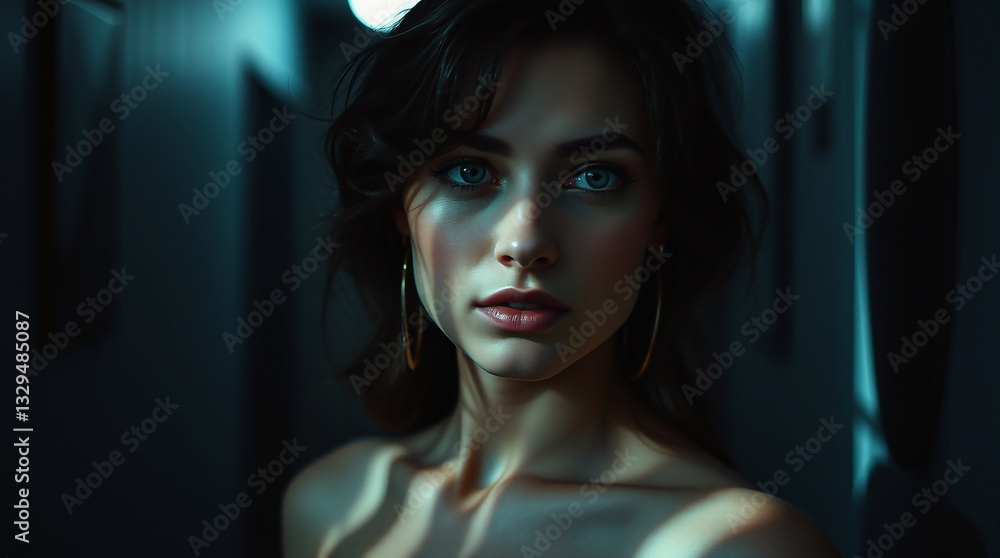 A moody photograph with a creative lighting style featuring a graceful, elegant person, male or female, in an ordinary setting