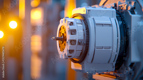 A close-up of an industrial motor showcasing intricate details and a warm, illuminated background.