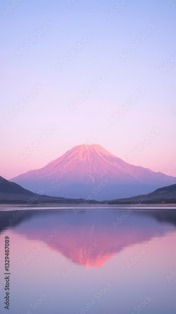 A Serene Pink Mountain at Sunrise with Soft Lavender Hues in the Sky and Reflective Waters Below A Serene Pink Mountain at Sunrise with Soft Lavender Hues in the Sky and Reflective Waters Below