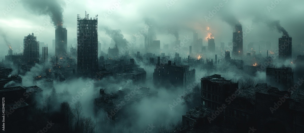 Obraz premium Post-apocalyptic city shrouded in smoke and fog, showing destruction and ruin.