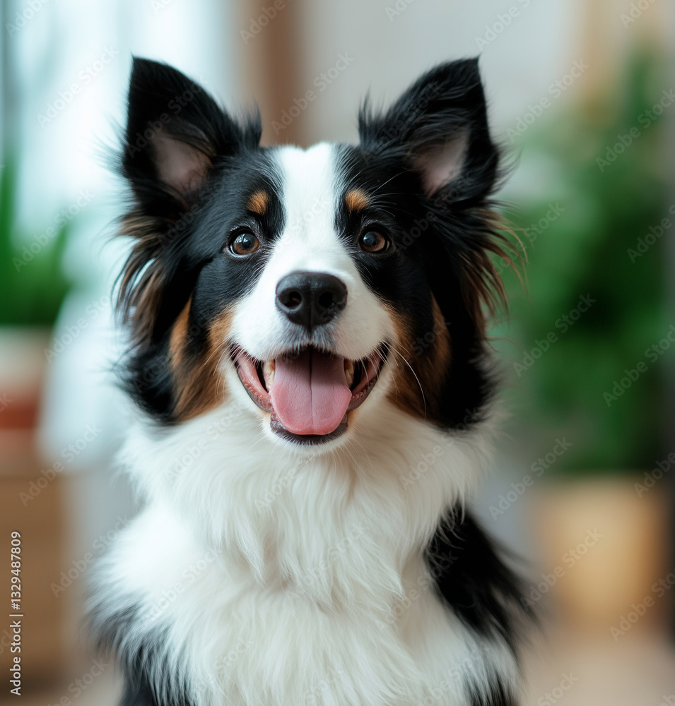 happy border collie sitting and looking at camera with joyful expression. dog has beautiful coat with black, white, and tan colors, surrounded by cozy indoor setting happy border collie sitting and looking at camera with joyful expression. dog has beautiful coat with black, white, and tan colors, surrounded by cozy indoor setting