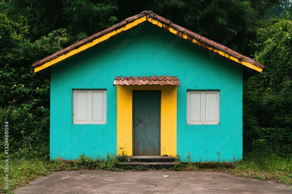 A colorful, quaint house stands amidst lush greenery, featuring a vibrant turquoise and yellow exterior against a natural backdrop. A colorful, quaint house stands amidst lush greenery, featuring a vibrant turquoise and yellow exterior against a natural backdrop.