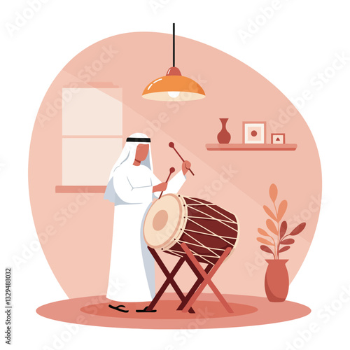 Man Playing Traditional Drum in Warm Lit Room Creating Music