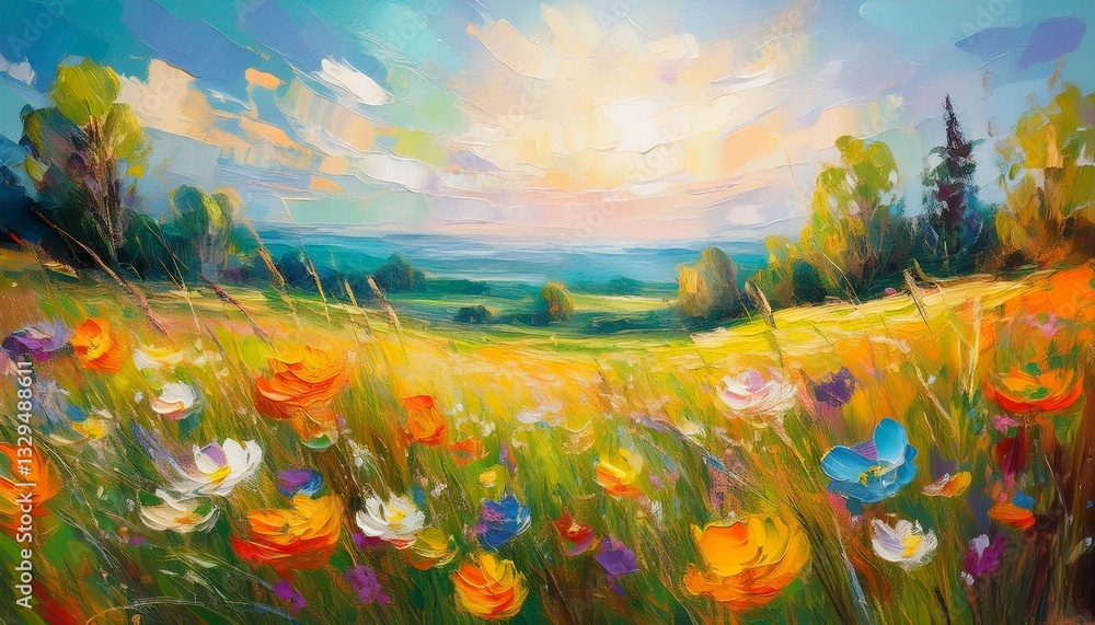 Fototapeta premium An impressionist oil painting of a summer meadow, with thick, textured brush strokes capturing vibrant flowers, lush grass, and soft sunlight. 