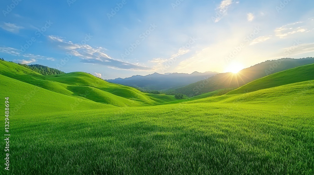 Naklejka premium Rolling green hills meet the mountains under a bright sunrise