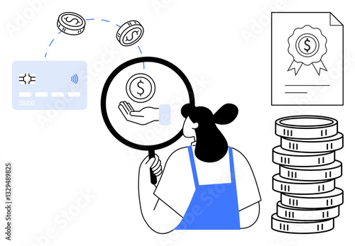 Woman inspecting financial flow through a magnifying glass highlighting credit card, coins, certificate, and stacked money. Ideal for finance, banking, investment, payment systems, economy savings
