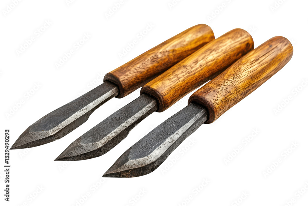 Fototapeta premium Three Handcrafted Wood Carving Tools, Showcasing Sharp, Dark Grey Steel Blades And Warm, Rich Wooden Handles Against A Clean Isolated on Transparent Background