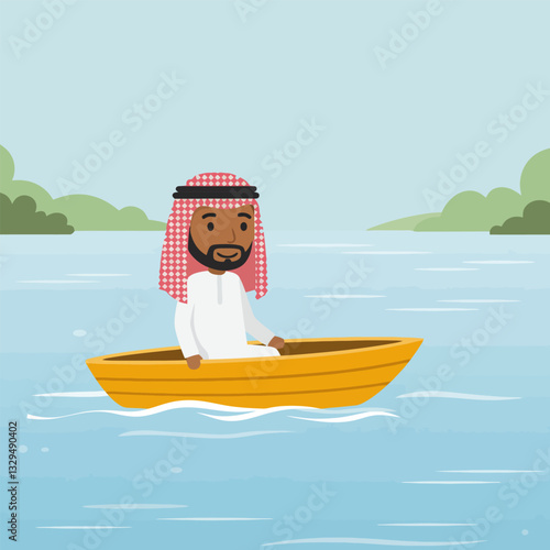 Man Boating on a Lake Surrounded by Lush Greenery