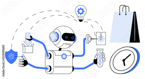 Robot with multiple arms performing tasks thumbs up shopping, lab testing, securing data, and brainstorming ideas. Ideal for technology, automation, innovation, productivity, multitasking AI