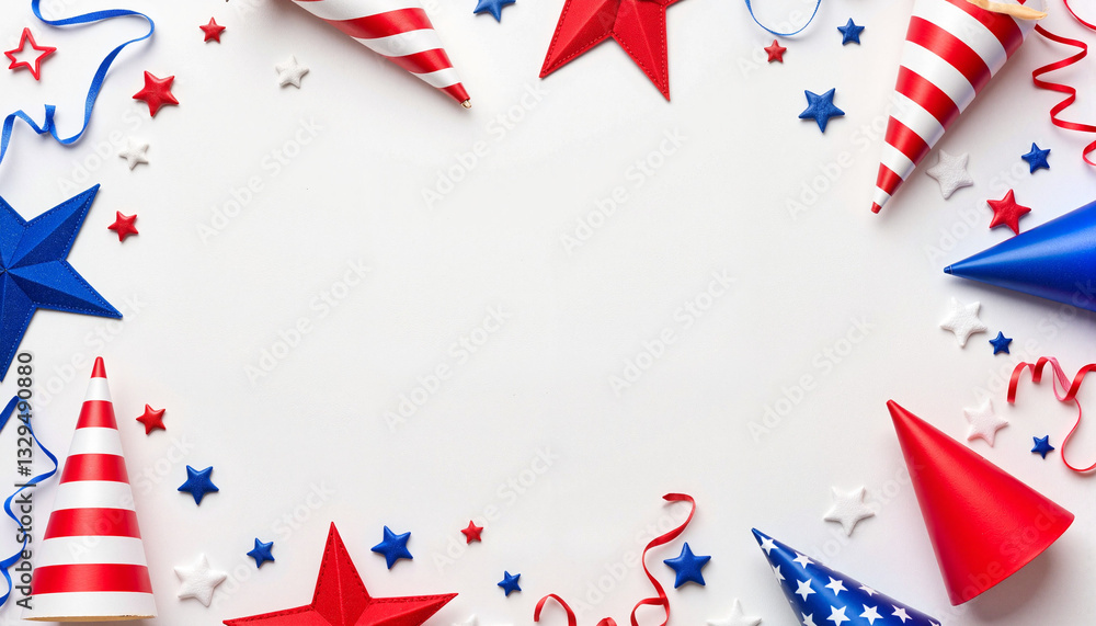 Festive arrangement of red, white, and blue party hats and streamers, celebration Festive arrangement of red, white, and blue party hats and streamers, celebration