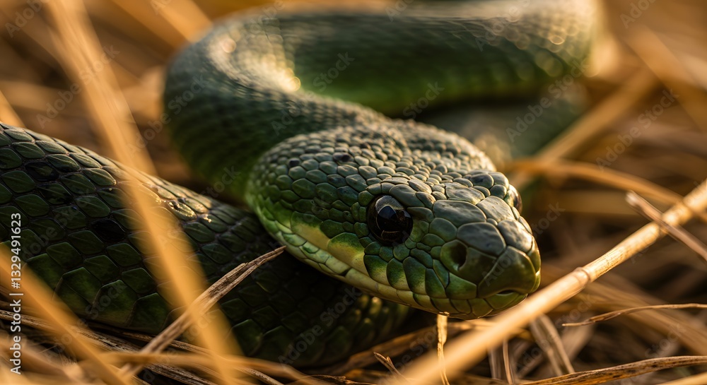 Green Snake Resting in Dry Grass Close Up Serene Wildlife Scene Green Snake Resting in Dry Grass Close Up Serene Wildlife Scene