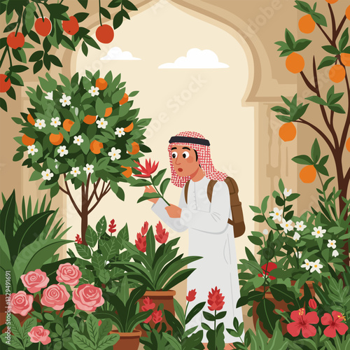 Man Inspecting Flower in Lush Garden Setting with Traditional Architecture