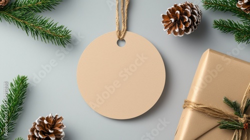 A blank gift tag surrounded by pine branches and pine cones, resting beside a beautifully wrapped present tied with twine.