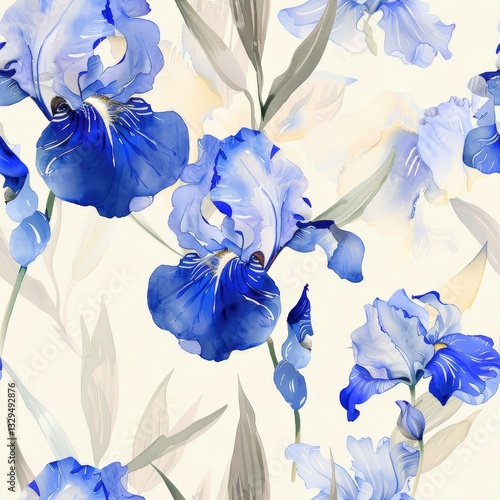 Elegant blue iris flower pattern with soft floral design on cream background for fabric, wallpaper, and home decor projects. Cheerful seamless spring for backdrop concept.