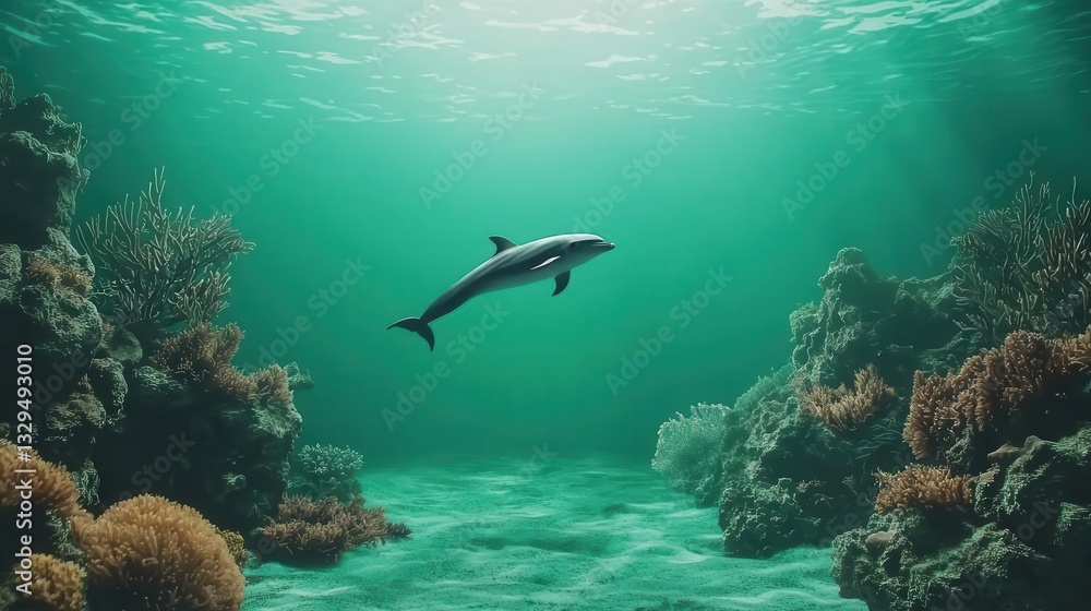 Fototapeta premium Playful dolphins swimming alongside a school of fish, dynamic interaction, green screen background