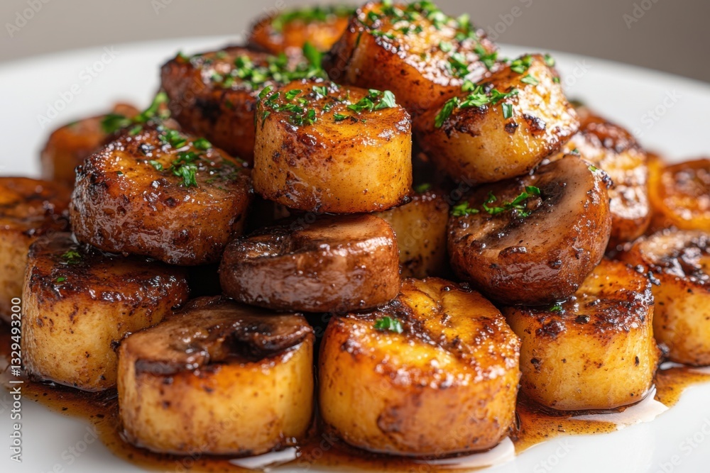 Stacked potato and mushroom bites glazed with herbs and spices ready to be served Stacked potato and mushroom bites glazed with herbs and spices ready to be served