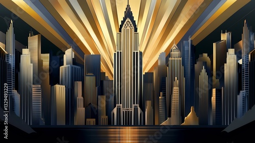 Art Deco NYC Skyline Sunrise Cityscape illustration, sunburst effect, calm waters. Ideal for travel, architecture projects