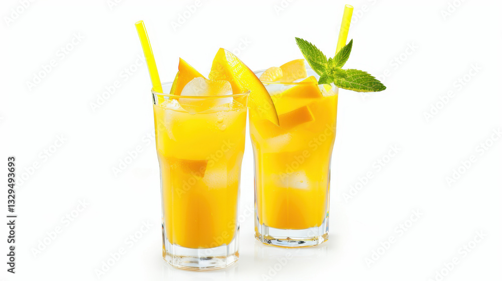 mango fizz summer cocktail, two glasses with mango juice