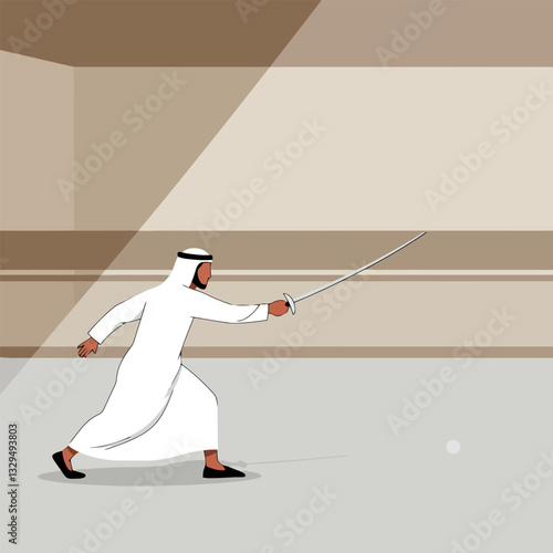 Man Fencing with Sword in Traditional Middle Eastern Clothing Indoors