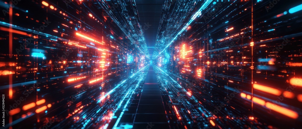 Futuristic digital tunnel with vibrant blue and red lights, creating a sense of speed and technology in a virtual space Futuristic digital tunnel with vibrant blue and red lights, creating a sense of speed and technology in a virtual space
