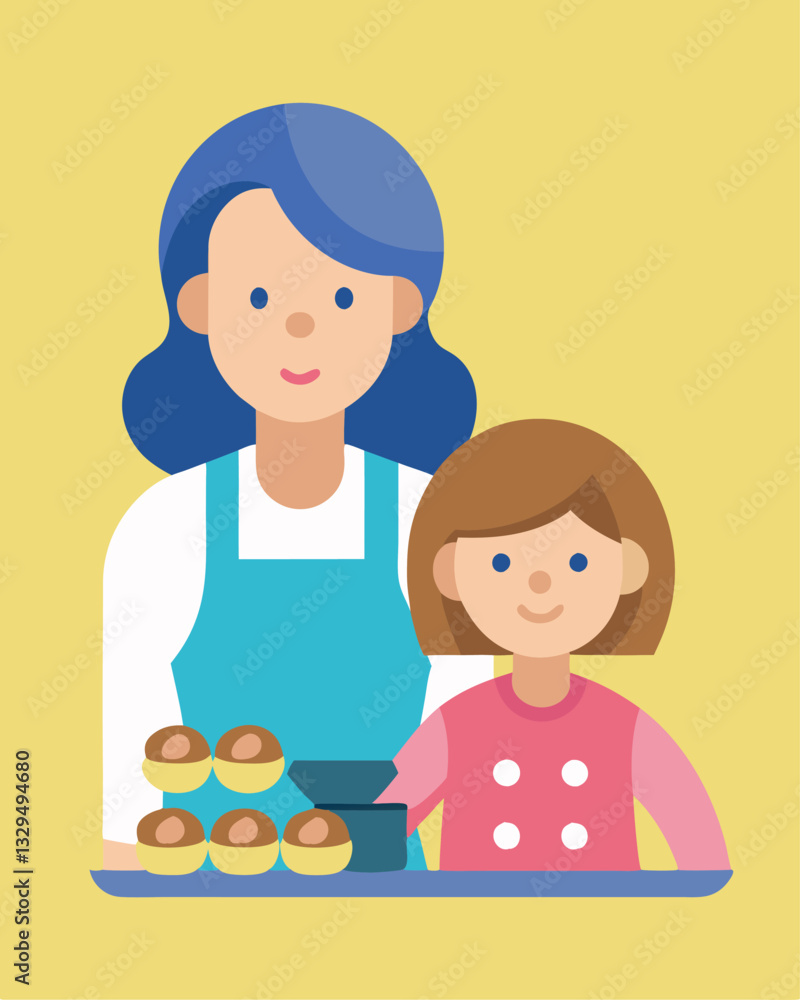 Sweet Mother's Day Baking: Mom & Daughter Cookie Fun! Flat Vector Illustration Love Cute Food Girl Sweet Mother's Day Baking: Mom & Daughter Cookie Fun! Flat Vector Illustration Love Cute Food Girl