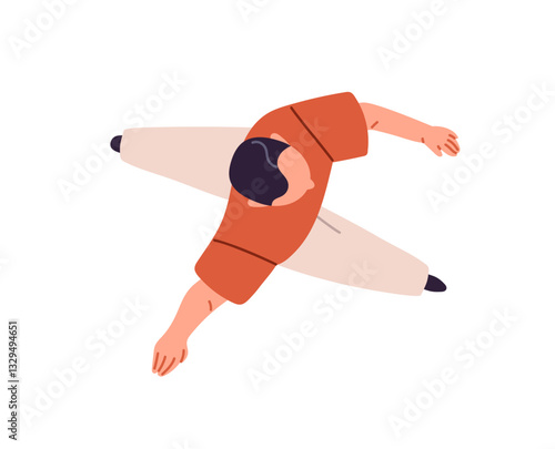 Seen above head busy person goes fast, hurry up to work in office. Business man walks, strolls top view. Employee rushing, runs, moves overhead. Flat isolated vector illustration on white background