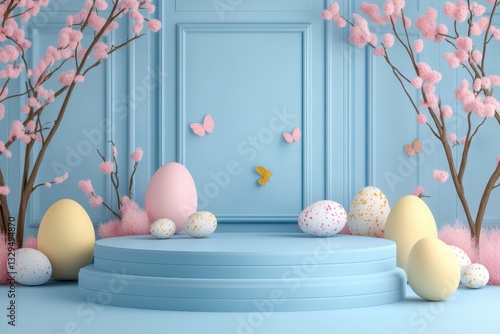 3d podium background ,easter decorations border white Handwriting