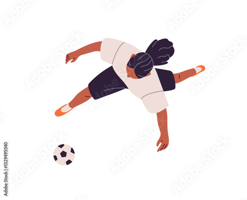 Sports woman runs, rushing to goal ball top view. Sportswoman plays football overhead. Seen above head soccer player training for competitions. Flat isolated vector illustration on white background