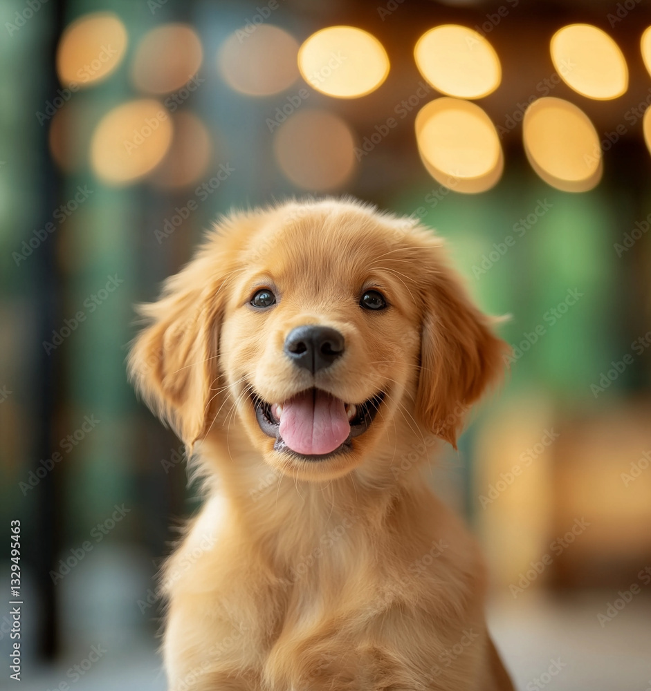 Cute golden retriever puppy with joyful expression, sitting against blurred background of warm lights. This adorable pup radiates happiness and charm Cute golden retriever puppy with joyful expression, sitting against blurred background of warm lights. This adorable pup radiates happiness and charm