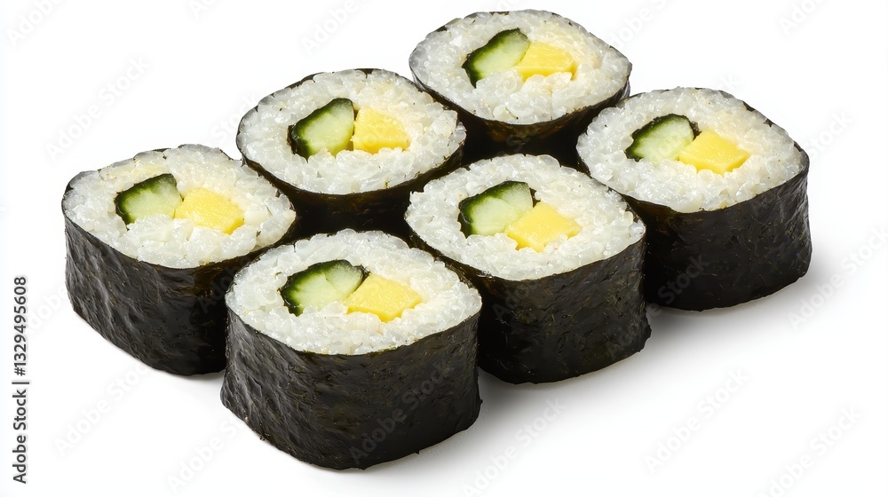 A close-up of sushi rolls featuring cucumber and mango, neatly arranged in a circular pattern on a white background. A close-up of sushi rolls featuring cucumber and mango, neatly arranged in a circular pattern on a white background.