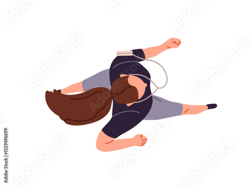 Jogger training, runs and listens to music with headphones top view. Runner, sportswoman jogging overhead. Seen above woman does sports workout. Flat isolated vector illustration on white background