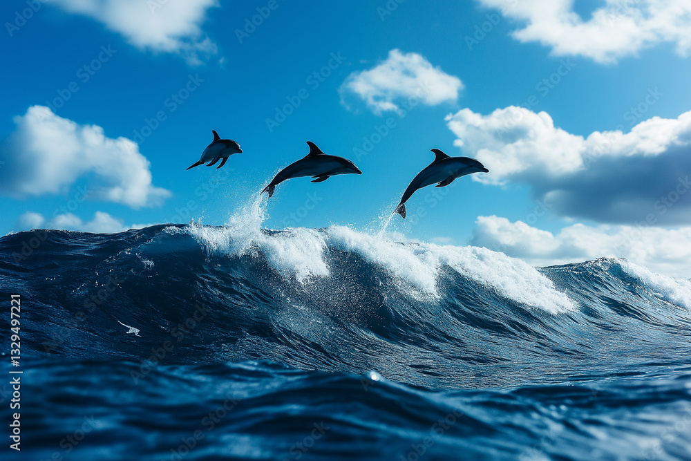 Naklejka premium Dolphins leaping out of water on top of ocean waves, showcasing their playful nature against bright blue sky. scene captures beauty of marine life and ocean energy