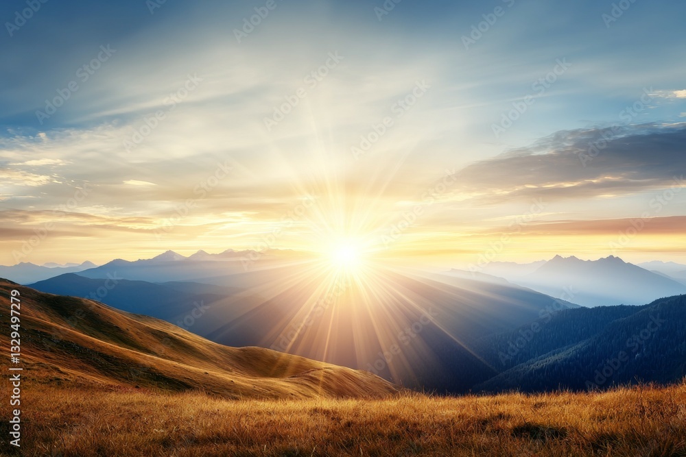 Obraz premium The sun is shining brightly on a mountain range, creating a warm