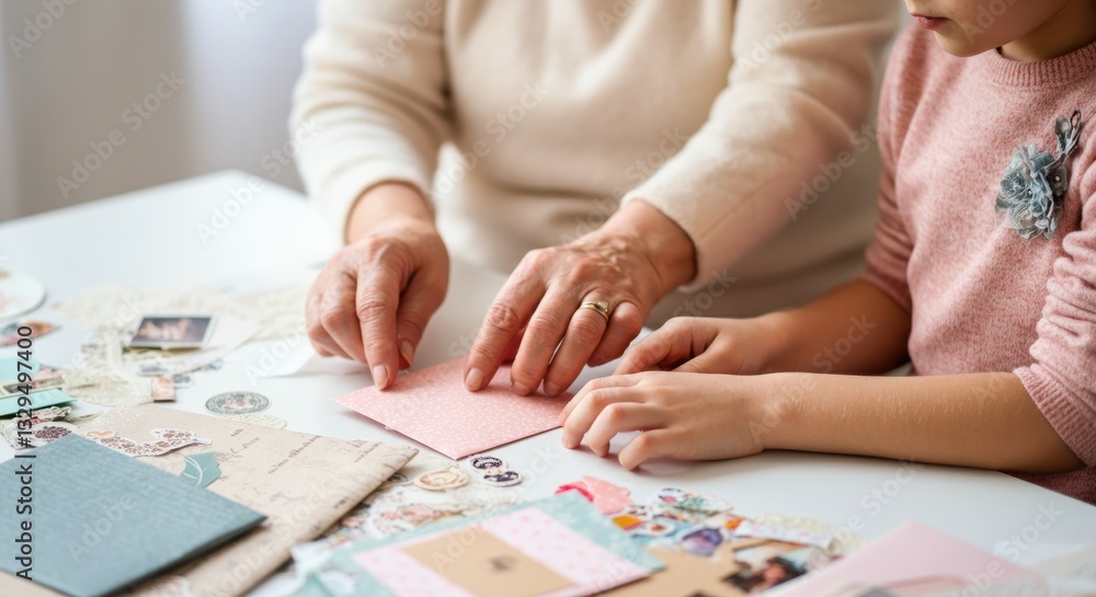 Elderly caucasian female and child crafting handmade cards together Elderly caucasian female and child crafting handmade cards together