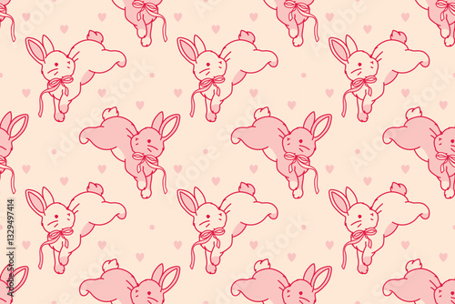 Seamless pastel background with baby rabbits. Cream and pink colors. Coquette, flirty aesthetic for spring fashion, cute stationery, Easter decorations, packaging, textiles
