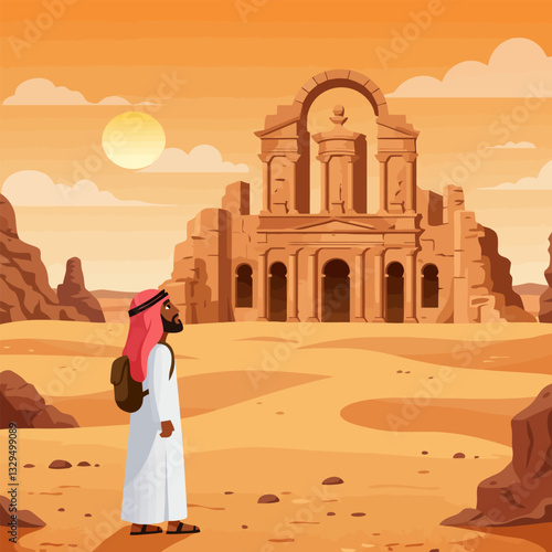 Man Traveling Desert with Ancient Ruin Looking at Landmark View