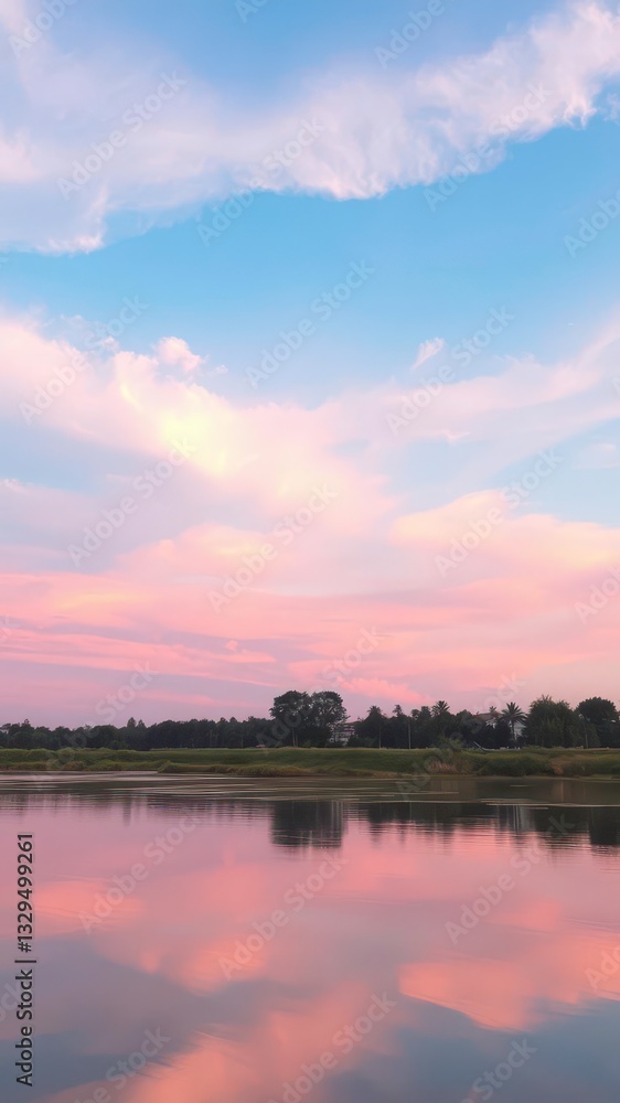 Obraz premium Serene Pastel Sky with Soft Pink and Blue Clouds Over a Calm River at Sunrise