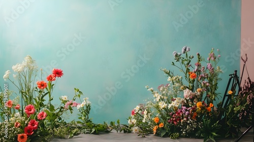 Wallpaper Mural Many spring flowers in front of an empty pastel-colored photo studio wall Torontodigital.ca