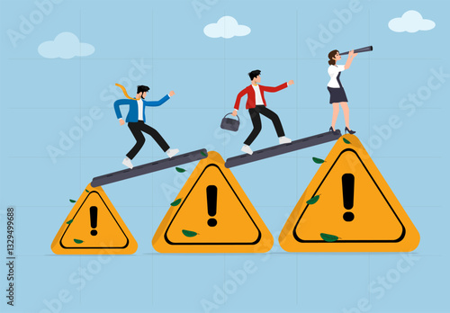 Business Risk and Growth Concept. Business People Balancing on Warning Signs. Challenges in Corporate Strategy, Leadership, Financial Stability, and Career Development.