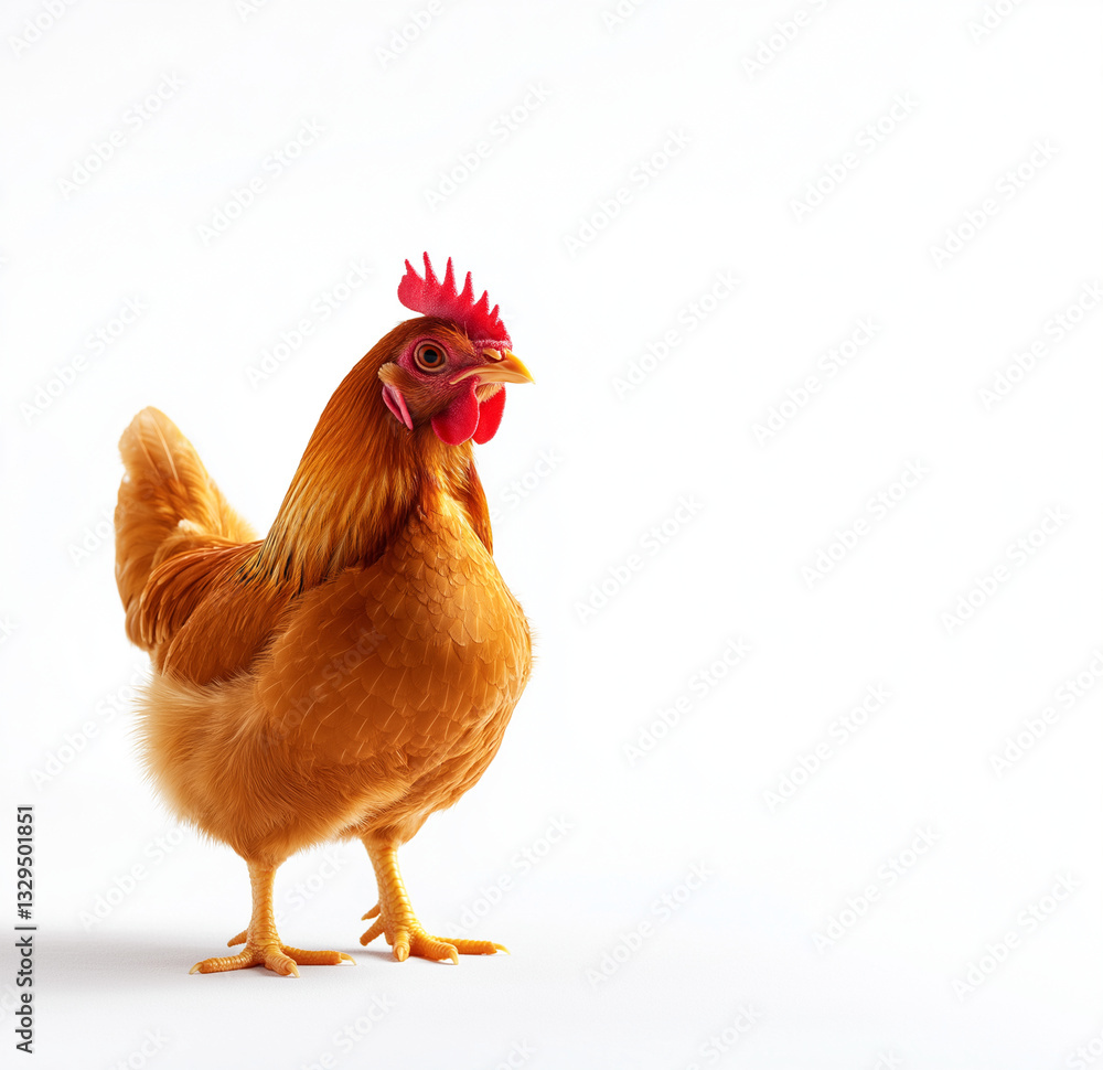 Fototapeta premium vibrant chicken stands confidently on its hind legs, showcasing its bright feathers and distinctive comb. This lively bird adds touch of charm to any setting