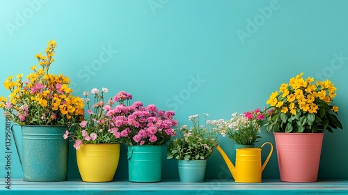 Fototapeta Naklejka Na Ścianę i Meble -  Colorful flowers in various pots against a teal wall; springtime gardening arrangement; home decor