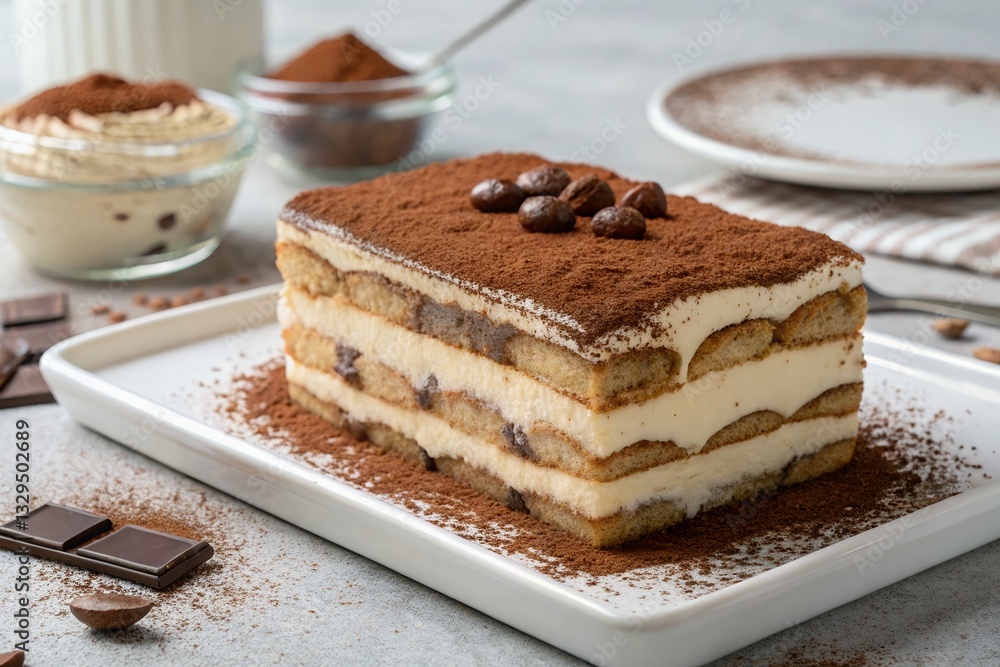 Classic Tiramisu with Coffee Beans and Cocoa Powder on a White Plate Classic Tiramisu with Coffee Beans and Cocoa Powder on a White Plate