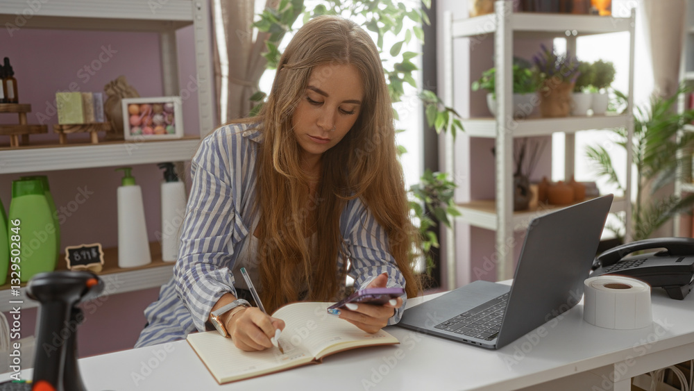 Young woman writing in a notebook while holding a phone beside a laptop in a home décor shop with various decorative items in the background Young woman writing in a notebook while holding a phone beside a laptop in a home décor shop with various decorative items in the background
