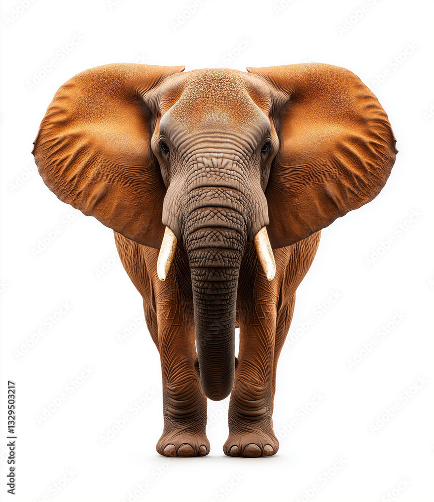 Obraz premium majestic African elephant stands proudly, showcasing its large ears and tusks against white background. This powerful creature embodies strength and grace
