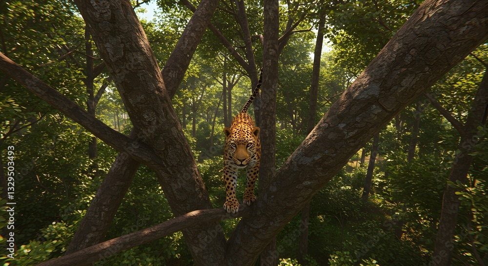 Fototapeta premium Leopard Walking on Branch in Green Forest Jungle Environment