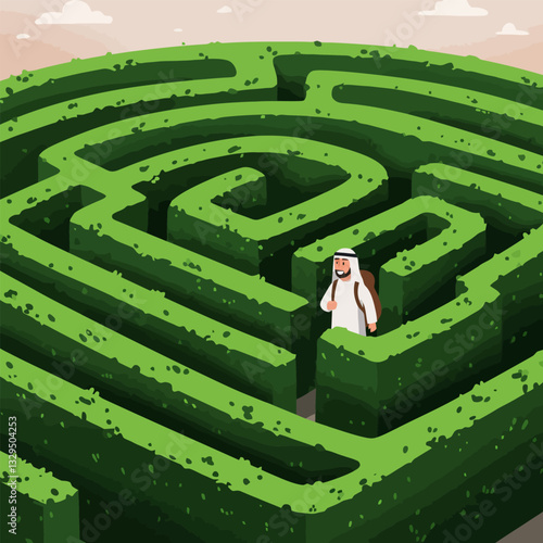 Person Navigating Large Maze or Labyrinth with Green Bushes Outdoors