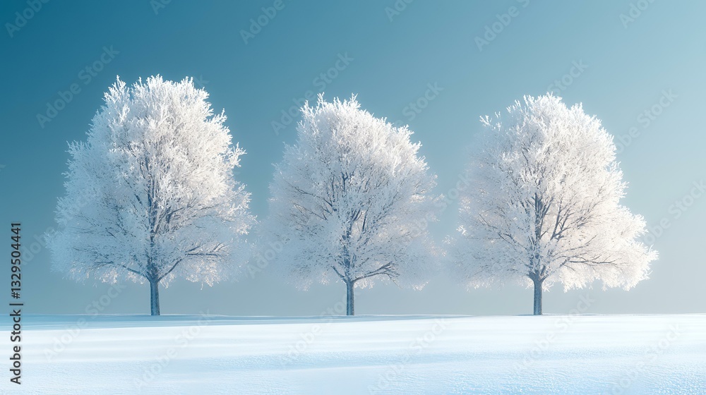 Frosty winter trees in snowy field, serene landscape, ideal for winter holiday cards Frosty winter trees in snowy field, serene landscape, ideal for winter holiday cards