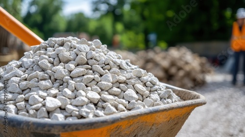 Wheelbarrow filled with small white gravel at construction site, blurred background with worker. photo